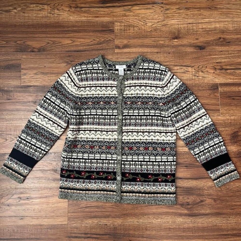 Northern Reflections Vintage Fair Isle Knit Cardigan‎ embroidered Floral Women L